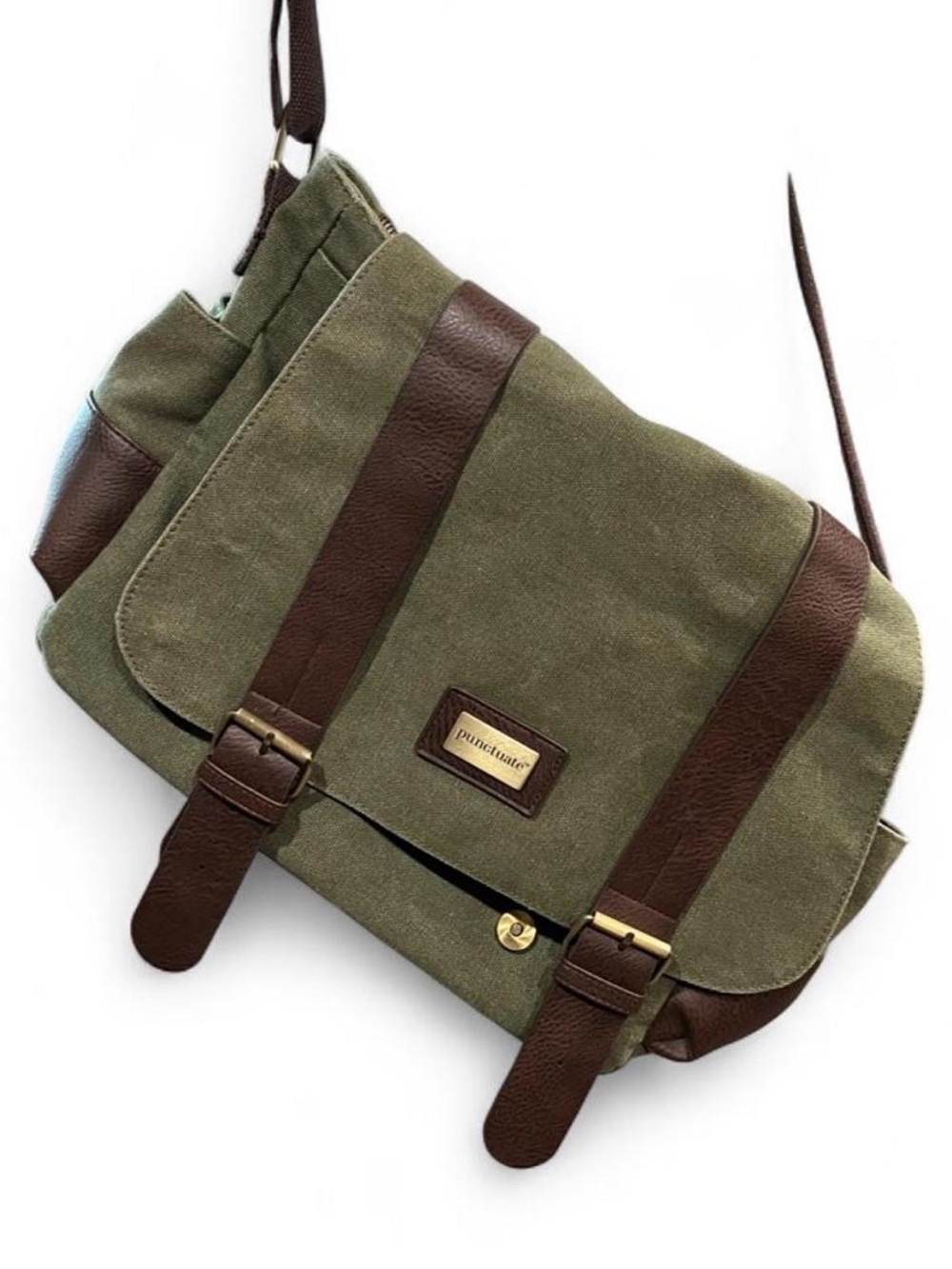 Punctuate Olive Green Canvas Messenger Bag with Brown Trim